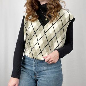 Vintage Preppy Argyle Oversized Teddy Sweater Vest Dark Light Academia Aesthetic